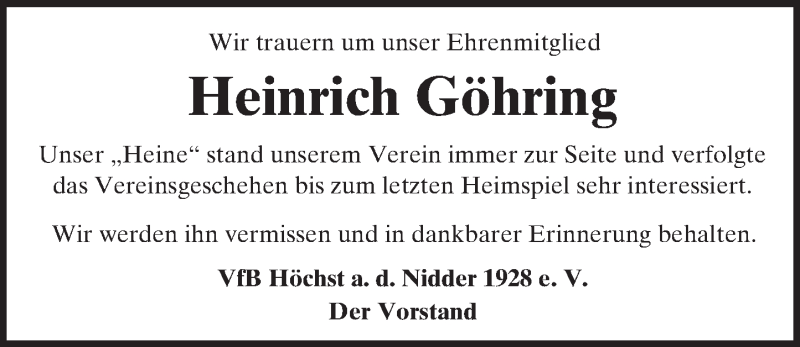  Traueranzeige für Heinrich Göhring vom 24.12.2016 aus  Kreisanzeiger