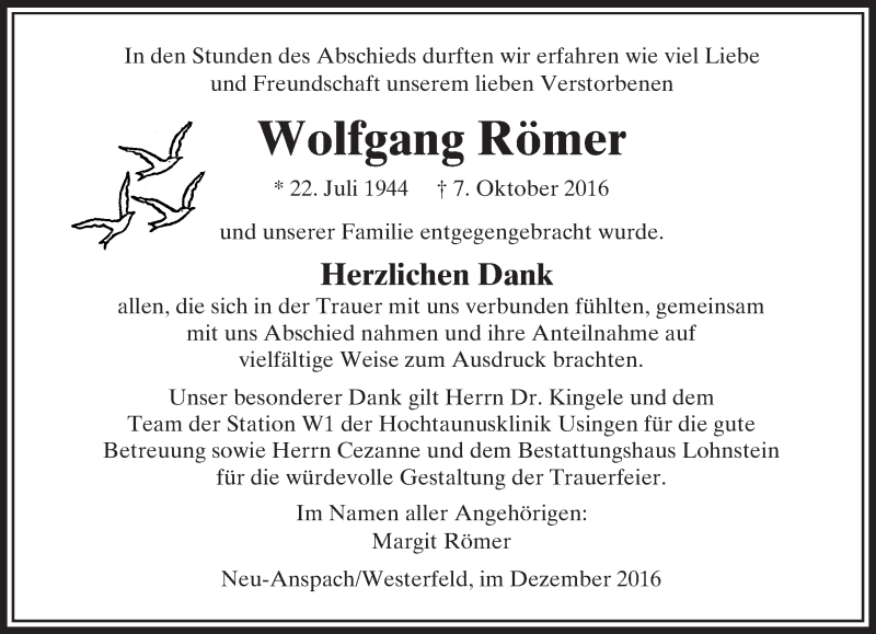 Traueranzeige für Wolfgang Römer vom 13.12.2016 aus  Usinger Anzeiger