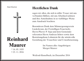 Traueranzeige von Reinhard Maurer von  Camberger Anzeiger
