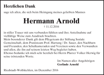 Traueranzeige von Hermann Arnold von Trauerportal Echo Online