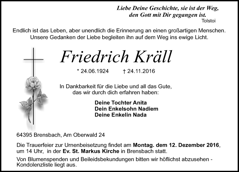  Traueranzeige für Friedrich Kräll vom 07.12.2016 aus Trauerportal Echo Online