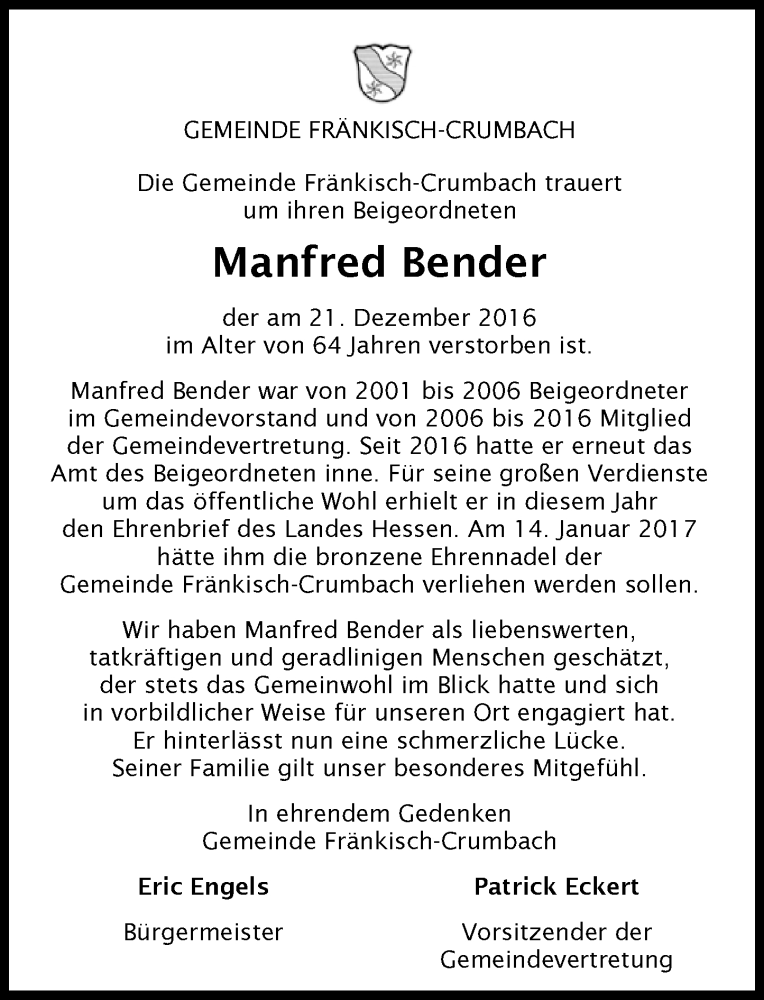  Traueranzeige für Manfred Bender vom 24.12.2016 aus Trauerportal Echo Online