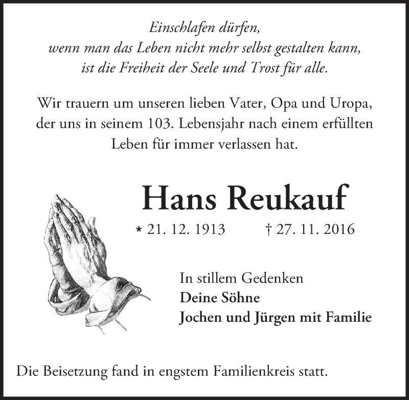  Traueranzeige für Hans Reukauf vom 14.12.2016 aus Trauerportal Echo Online