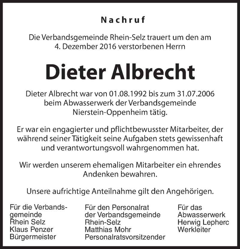  Traueranzeige für Dieter Albrecht vom 23.12.2016 aus Trauerportal Rhein Main Presse