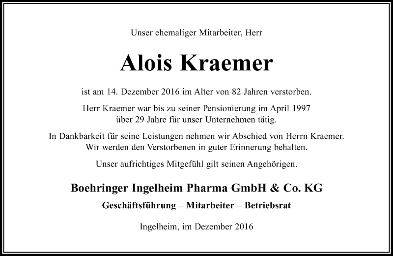  Traueranzeige für Alois Kraemer vom 31.12.2016 aus Trauerportal Rhein Main Presse