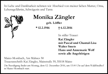 Traueranzeige von Monika Zängler von Trauerportal Rhein Main Presse