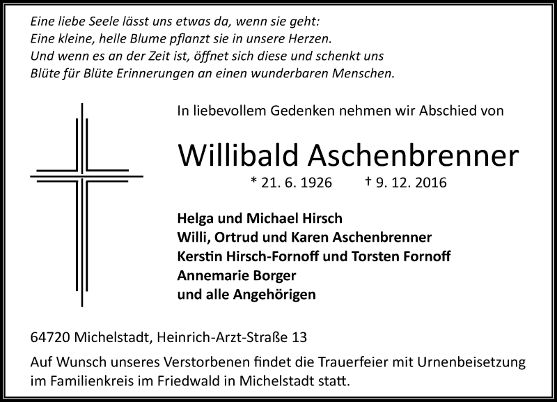  Traueranzeige für Willibald Aschenbrenner vom 17.12.2016 aus Trauerportal Echo Online