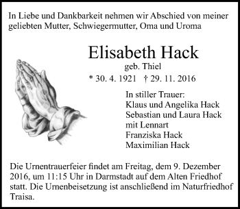 Traueranzeige von Elisabeth Hack von Trauerportal Echo Online