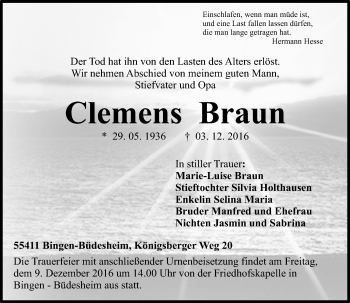 Traueranzeige von Clemens Braun von Trauerportal Rhein Main Presse