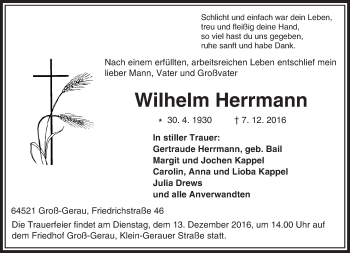Traueranzeige von Wilhelm Herrmann von Trauerportal Echo Online