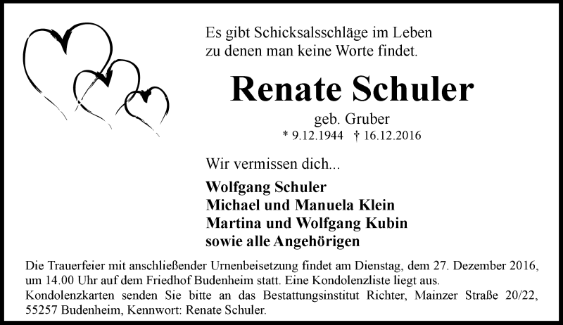  Traueranzeige für Renate Schuler vom 22.12.2016 aus Trauerportal Rhein Main Presse