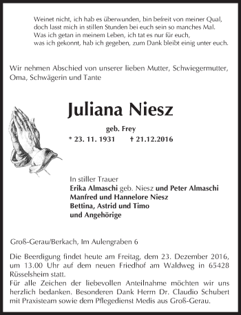 Traueranzeige von Juliana Niesz von Trauerportal Echo Online