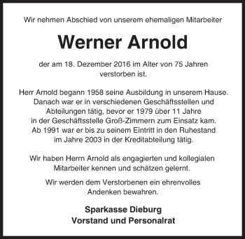 Traueranzeige von Werner Arnold von Trauerportal Echo Online