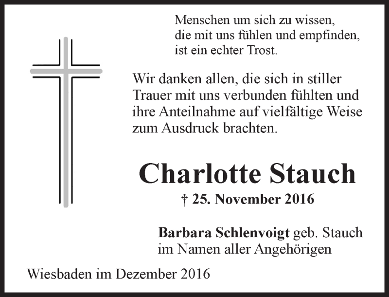  Traueranzeige für Charlotte Stauch vom 17.12.2016 aus Trauerportal Rhein Main Presse