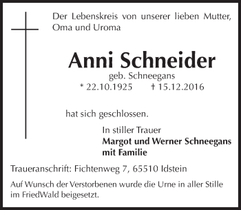 Traueranzeige von Anni Schneider von Trauerportal Rhein Main Presse