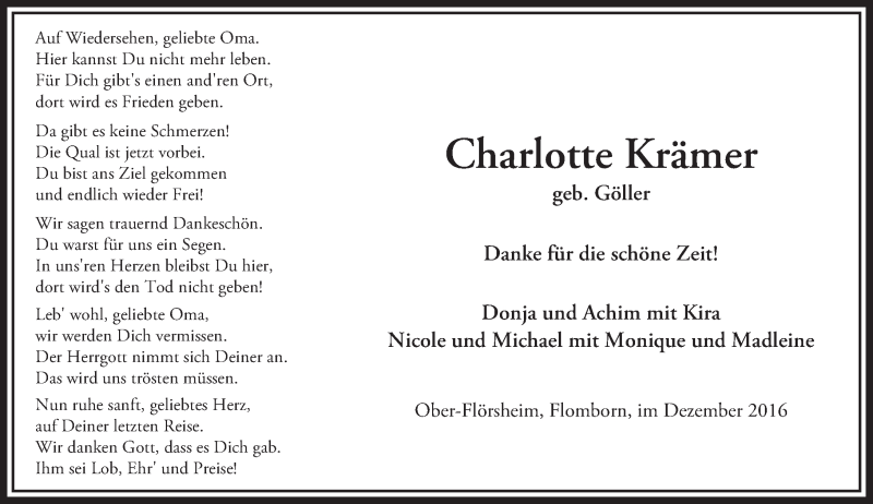  Traueranzeige für Charlotte Krämer vom 13.12.2016 aus Trauerportal Rhein Main Presse