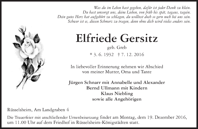  Traueranzeige für Elfriede Gersitz vom 10.12.2016 aus Trauerportal Rhein Main Presse