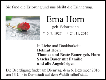 Traueranzeige von Erna Horn von Trauerportal Echo Online