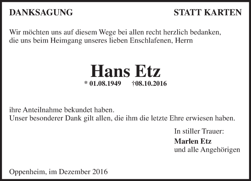  Traueranzeige für Hans Etz vom 10.12.2016 aus Trauerportal Rhein Main Presse