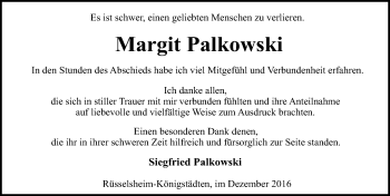 Traueranzeige von Margit Palkowski von Trauerportal Rhein Main Presse
