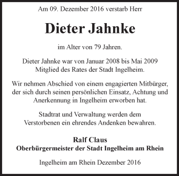 Traueranzeige von Dieter Jahnke von Trauerportal Rhein Main Presse
