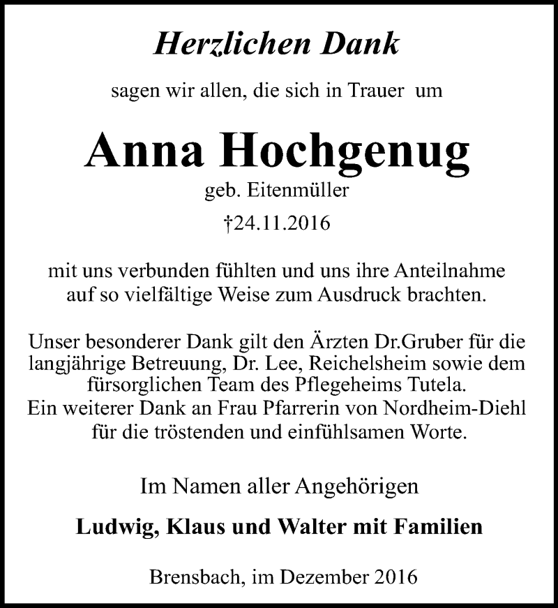  Traueranzeige für Anna Hochgenug vom 21.12.2016 aus Trauerportal Echo Online