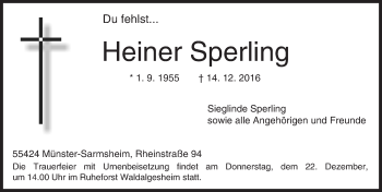 Traueranzeige von Heiner Sperling von Trauerportal Rhein Main Presse