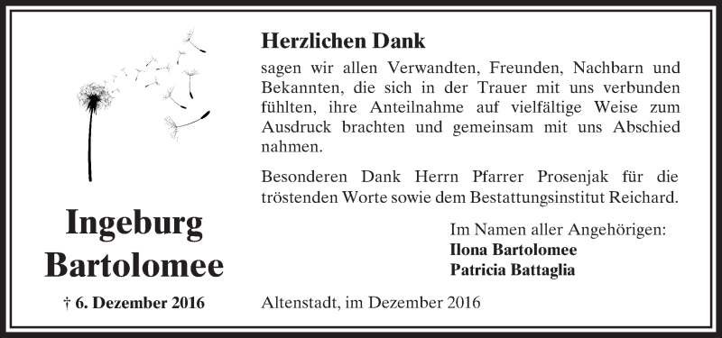  Traueranzeige für Ingeburg Bartolomee vom 31.12.2016 aus  Kreisanzeiger