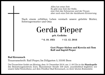 Traueranzeige von Gerda Pieper von Trauerportal Rhein Main Presse