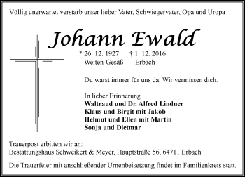 Traueranzeige von Johann Ewald von Trauerportal Echo Online
