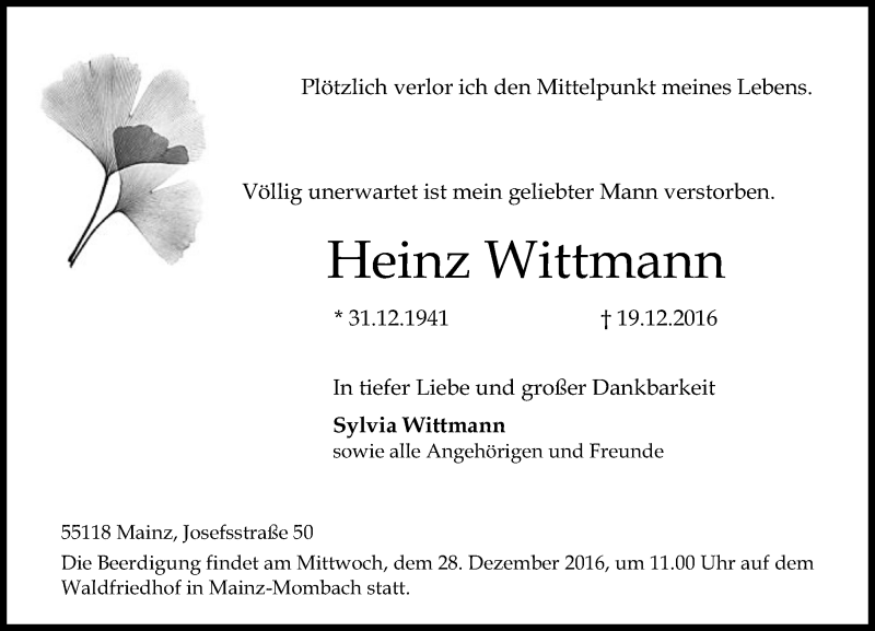  Traueranzeige für Heinz Wittmann vom 24.12.2016 aus Trauerportal Rhein Main Presse