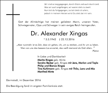 Traueranzeige von Alexander Xingas von Trauerportal Echo Online