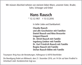 Traueranzeige von Hans Rausch von Trauerportal Echo Online
