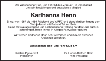 Traueranzeige von Karlhanns Henn von Trauerportal Rhein Main Presse