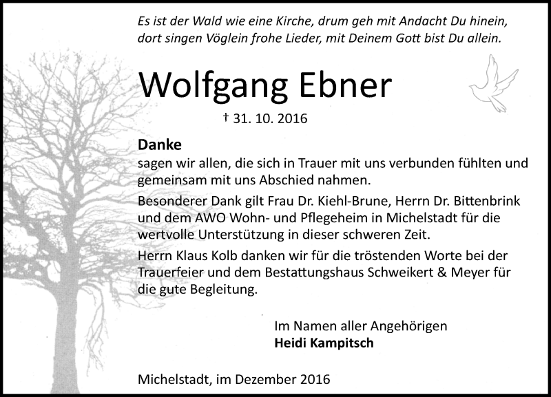  Traueranzeige für Wolfgang Ebner vom 17.12.2016 aus Trauerportal Echo Online