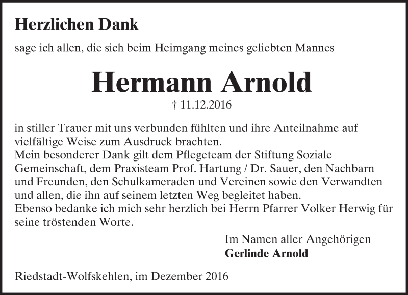  Traueranzeige für Hermann Arnold vom 31.12.2016 aus Trauerportal Echo Online