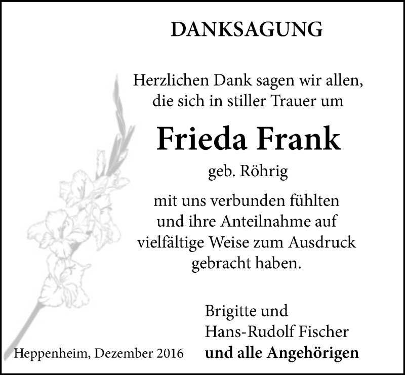  Traueranzeige für Frieda Frank vom 31.12.2016 aus Trauerportal Echo Online