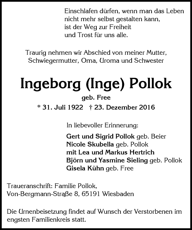  Traueranzeige für Ingeborg Pollok vom 31.12.2016 aus Trauerportal Rhein Main Presse