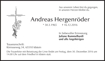 Traueranzeige von Andreas Hergenröder von Trauerportal Rhein Main Presse
