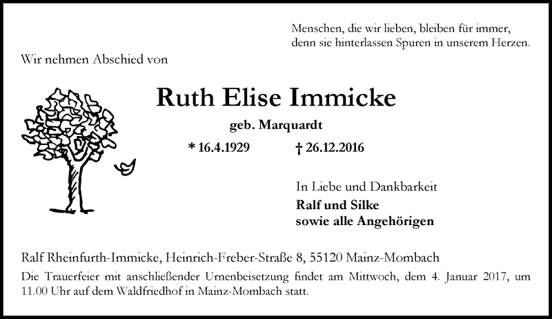  Traueranzeige für Ruth Elise Immicke vom 31.12.2016 aus Trauerportal Rhein Main Presse