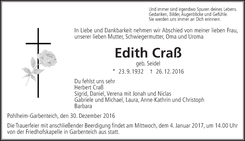  Traueranzeige für Edith Craß vom 30.12.2016 aus  Gießener Anzeiger