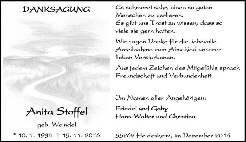 Traueranzeige für Anita Stoffel vom 14.12.2016 aus Trauerportal Rhein Main Presse