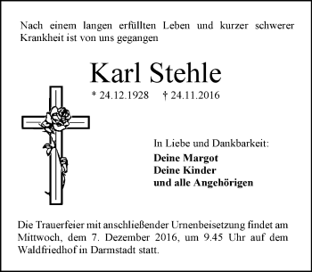 Traueranzeige von Karl Stehle von Trauerportal Echo Online