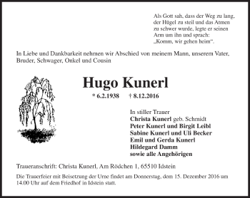 Traueranzeige von Hugo Kunerl von Trauerportal Rhein Main Presse