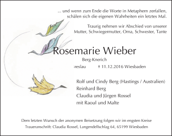 Traueranzeige von Rosemarie Wieber von Trauerportal Rhein Main Presse