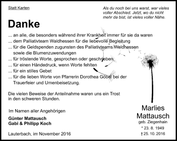 Traueranzeige von Marlies Mattausch von VRM Trauer