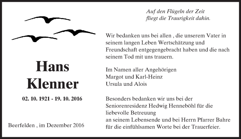  Traueranzeige für Hans Klenner vom 03.12.2016 aus Trauerportal Echo Online