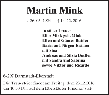 Traueranzeige von Martin Mink von Trauerportal Echo Online