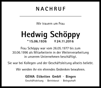 Traueranzeige von Hedwig Schöppy von Trauerportal Rhein Main Presse