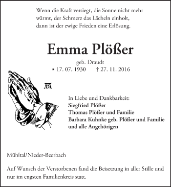Traueranzeige von Emma Plößer von Trauerportal Echo Online